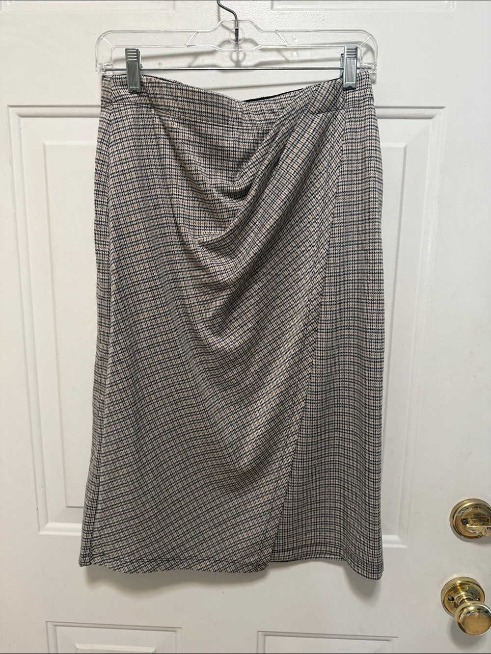 Max Studio Plaid Draped Midi Skirt in Beige and Black